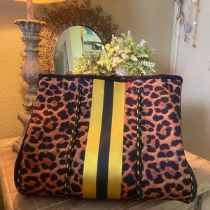 Black-Leopard- Gold Stripe Neoprene bag NWOT